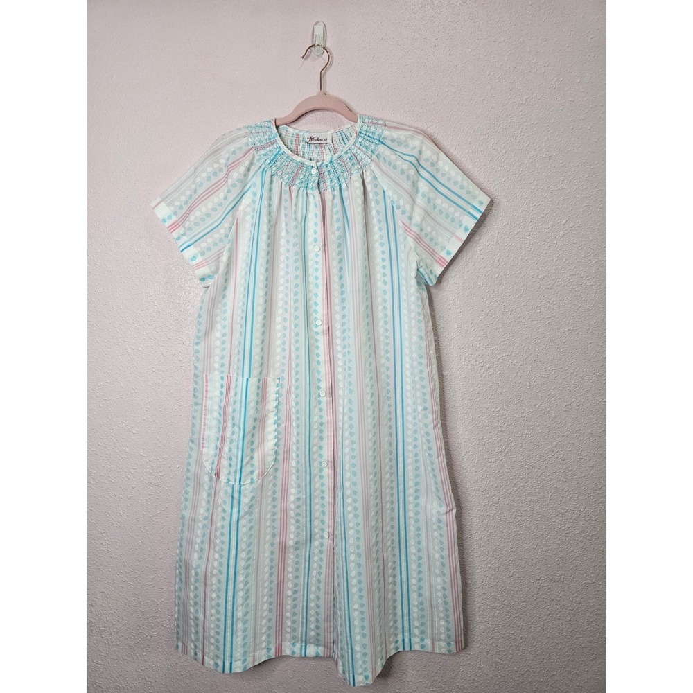 Vintage Whispers Smocked Button Front Nightgown House Dress Robe White Pastel
